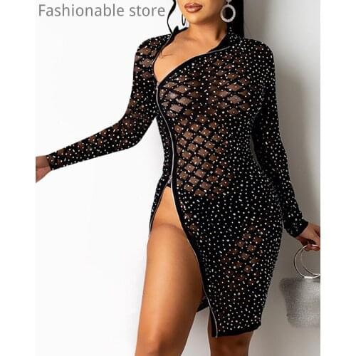 Women Studded Zipper Design Mesh Long Sleeve Skinny Mini Dress