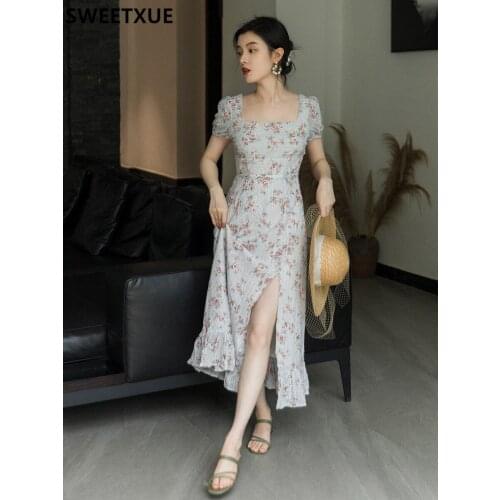SWEETXUE 2021 Women Summer Vintage Elegant Fashion Temperament Chiffon Printing Split Chic Fairy Dress Female Korean Vestidos