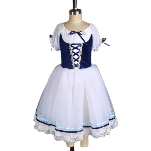 All For Dance Dark Blue Velvet Boidce With Chiffon Sleeves 360° White Tulle Romantic Long Ballet Dance Dress Ballerina Dance