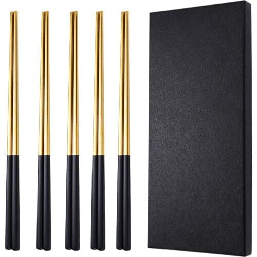 5Pairs Luxury Korean Chopsticks Stainless Steel Reusable Sushi Sticks Gold Titanium Chopsticks With Gift Box Metal Food Sticks