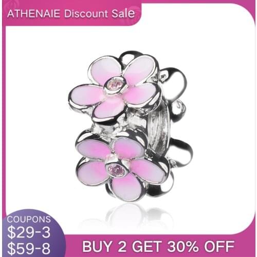 ATHENAIE Darling Daisies Pave Pink CZ Pale Cerise Enamel Spacer Charms Fit Original Bracelet Necklace 925 Sterling Silver Beads