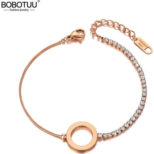 BOBOTUU Bohemia Titanium Stainless Steel CZ Crystal Chain Choker Bracelet Rose Gold Beach Circle Bracelet For Women BB20066