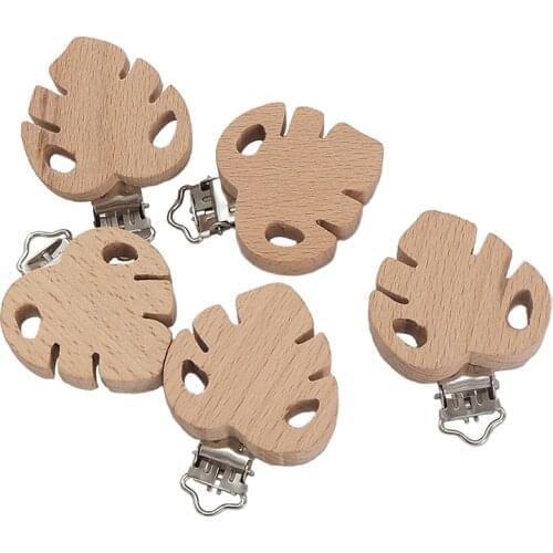 Chenkai 10PCS Wooden leaf Shaped Pacifier Clips DIY Organic Eco-friendly Nature Baby Rattle Teething Grasping Wooden Toy Gift