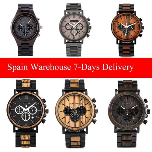 Wooden Men Watches BOBO BIRD Handmade Quartz Watch Military Stainless Steel Chronograph Man Wristwatch Custom Logo Dropshipping