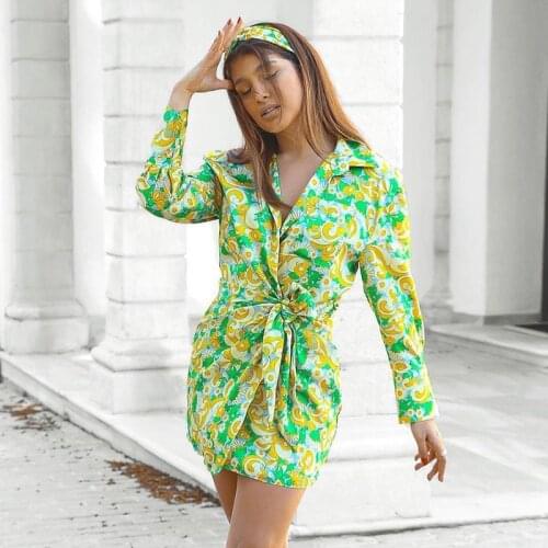 Foridol Paisley Print Boho Vintage Long Sleeve Dress Vestidos 2021 Spring Autumn Green Bowknot Short Dress French Style Dress
