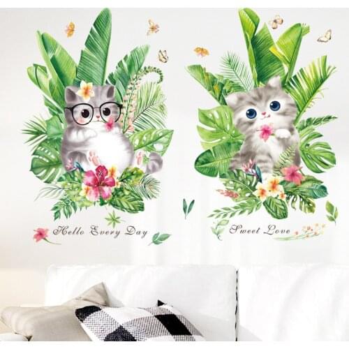 92CMX60CM Green plant photo frame potted kitten self-adhesive wallpaper childrens room entrance wall decorative wall stickers