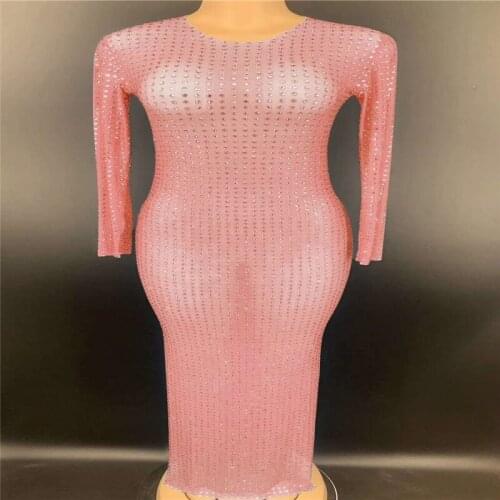 H14 Blue mesh see through rhinestones evening long dress singer perform wears full diamonds skirt elastic outfit crystal clothe