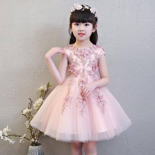Exquisite Short Sleeve Pink Flower Girls Formal Wedding Dresses Kids Bead Evening Party Princess Birthday Sunny Holiday Dress