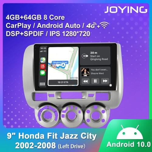 JOYING Single Din Android 10.0 Head Unit Car Radio Player 9Inch Octa Core 1280*720 For Honda Fit Jazz City 2002-2008（Left Drive