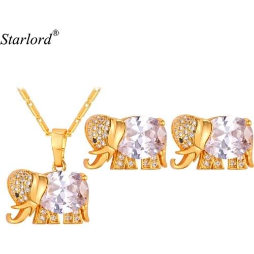 Crystal Elephant Pendant Necklace Stud Earrings Jewelry Set For Women Crystal Animal Jewelry Set For Gift Wedding Party PE921