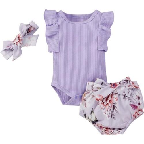 Toddler Baby Flower Printing Three-pieces Set O-neck Flying Sleeve Bodysuit