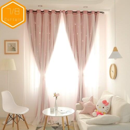 Korean Double Pink Princess Curtains for Living Room Hollow Stars Lace Curtain for Bedroom Shade Curtain Tulle Cloth