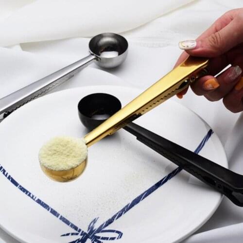 Stainless Steel Spoon With Bag Clip Ground Tea Coffee Scoop With Portable Bag Seal Clip powder Measuring tools