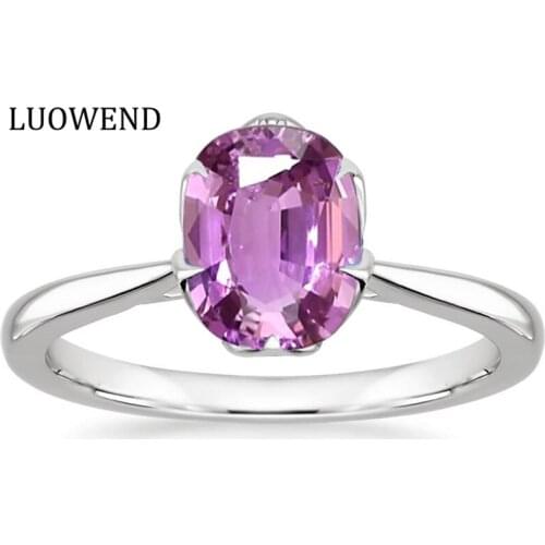 LUOWEnd 18K White Gold Women Wedding Ring Certified Solitaire Natural Pink Sapphire Jewelry Oval Shape Engagement Gemstone Ring