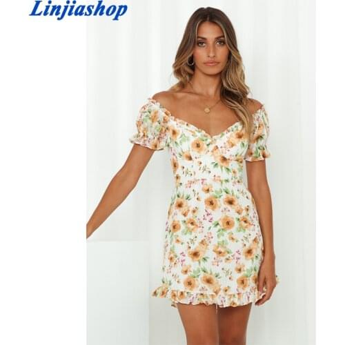 Fashion Beach Women Mini Dress Lining Short Sleeves Chiffon Back Zipper Vintage Floral Print Ruffles Dresses