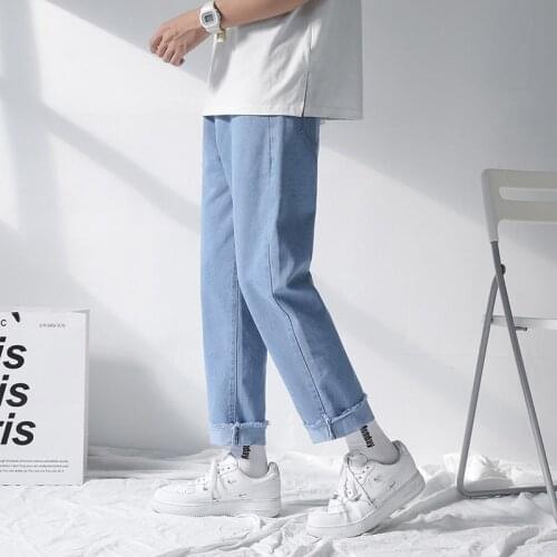 Mens Rough-edged Jeans Nine Point Straight Trousers Solid Color Fashion Slim Body Tidal Current Hoodie Recommend Hot Sale