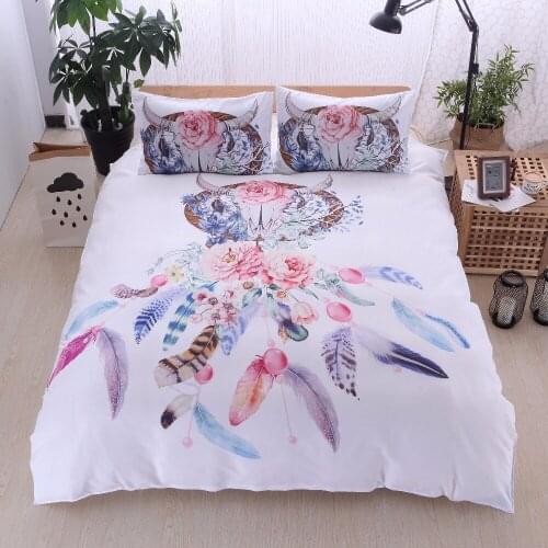 Hipster Sheep Head with Feathers Bedding Set Queen Size Dreamcatcher Duvet Cover with Pillowcase Bohemian Printed Bed Cover 3Pcs