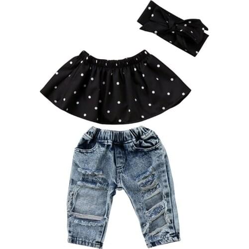 Newborn Toddler Baby Girl Clothes Top Hole Jeans Headband Dot Sleeveless Tops Hole Denim Pants Headband Childrens Clothing Sets