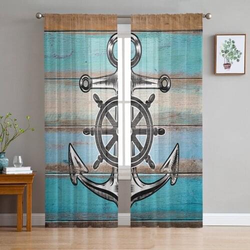 Retro Wood Anchor Nautical Style Window Curtains Bedroom Modern Drape Sheer Tulle Valances Living Room Kitchen Voile Curtain