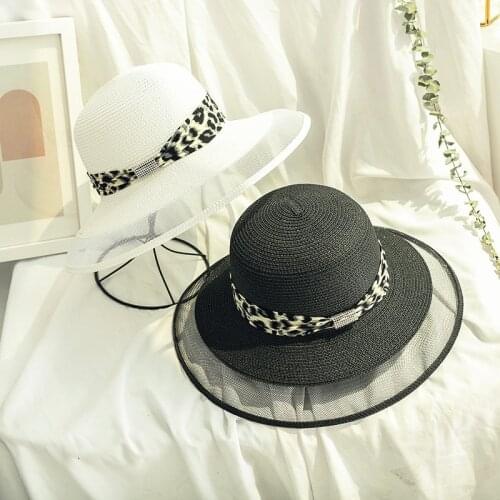 Summer women casual Breathable straw sun hats Girl ladies Large brim leopard ribbon panama cap gorros