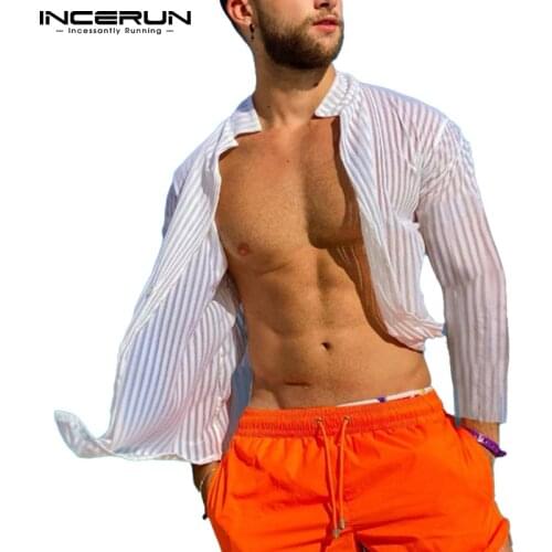 Fashion Men Striped Shirt Mesh Transparent 2021 Lapel Long Sleeve Sexy Men Clothing Breathable Streetwear Casual Camisas INCERUN