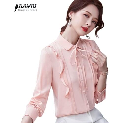 Shirt Female Design Long Sleeve Autumn Ruffles Temperament High End Pink Professional Chiffon Blouses Office Ladies Work Tops