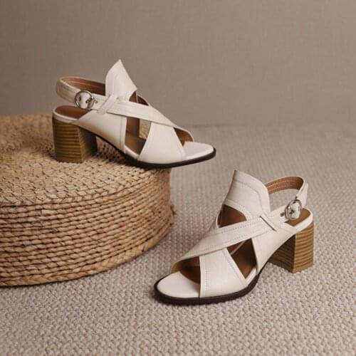 2021 Modern Sandals for Women Cow Leather Open Toe Chunky Heel Summer Women Shoes Casual Solid Office Shoes High Heel Sandals