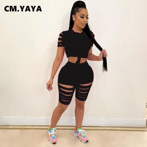 CM.YAYA Women Set Solid Hole Short Sleeve Tops Strechy Shorts Two 2 Piece Set Active Tracksuit Sweatsuit Sporty Summer Outfits