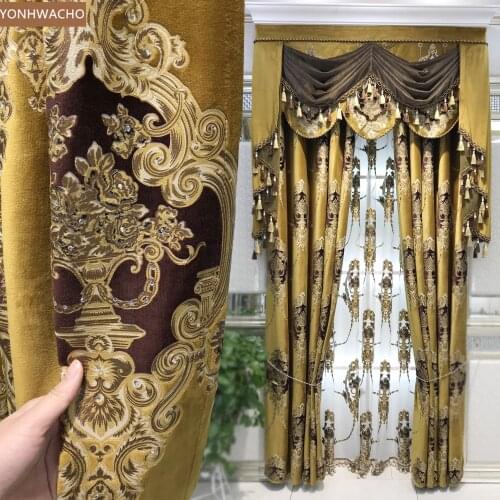 Custom curtain American luxury shading velvet villa bedroom gold thick cloth blackout curtain valance tulle panel C524