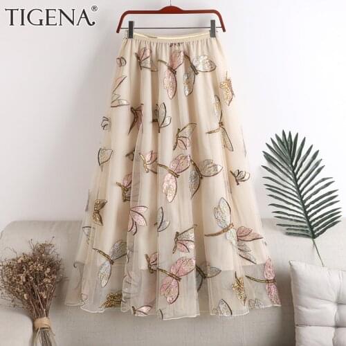 TIGENA Sequin Dragonfly Embroidery Long Tulle Skirt Women Fashion 2021 Summer Beautiful A Line High Waist Maxi Mesh Skirt Female