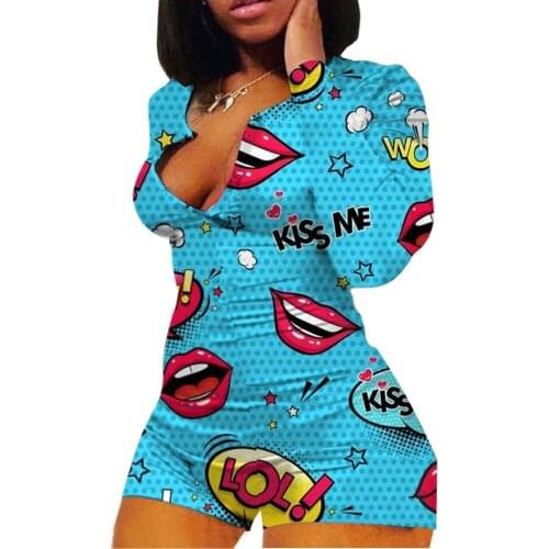 2020 Rompers Women Sleepwear Sky Blue Lips Print Long Sleeve Short Jumpsuit Sexy One Piece For Adult Female Nightwear S-XL