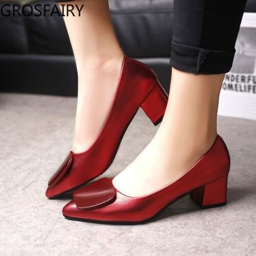 Womens Leather Shoes New Style Square Buckle Mid-heel Single Shoes Womens Fashion Pointed Shoes Womens Work Shoes