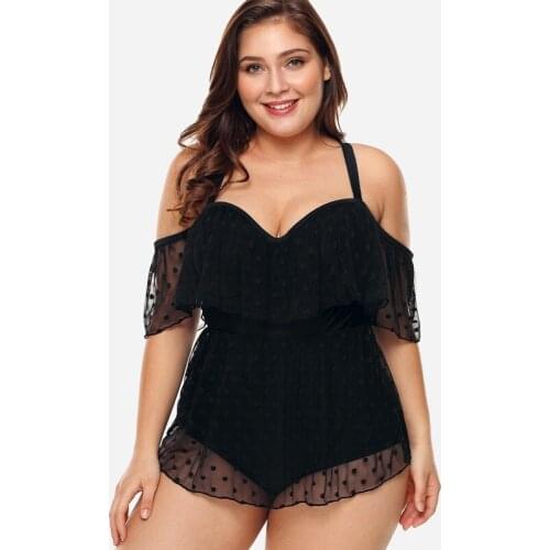 Women Plus Size Underwire Polka Dot Mesh Panel Swimwear Push Up One-Piece Bathing Suit Ladies Sexy Swimsuit Bodysuit