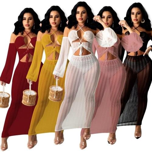 Women Dress Summer Mesh Sheer See Through Ribbed Knit Crop Cut Hollow Out Halter Backless Sexy Long Sleeve Maxi Dresses