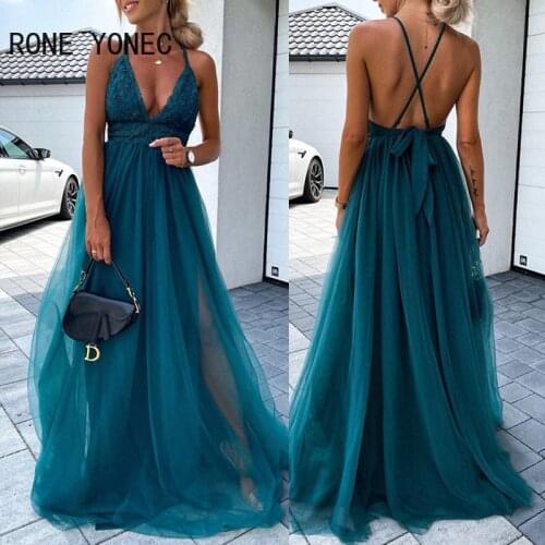 Women Crisscross Backless Lace Patch Mesh Prom Dress Party Weding Dress
