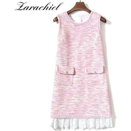 Pink Elegant Tweed Weave Lace Patchwork Fringe And Pearl Pocket Sleeveless Mini Dress Spring Autumn Vintage Women Vest Dresses