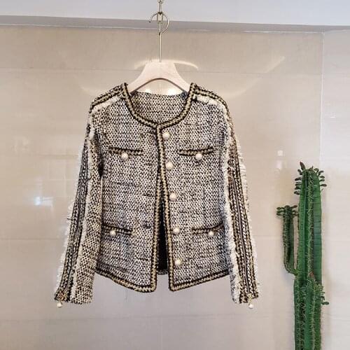 Plaid Vintage Tweed Jackets Coat Women O-Neck Long Sleeve Luxury Woolen Coats Pearls Button Tassel Outwear Autumn Metal B914