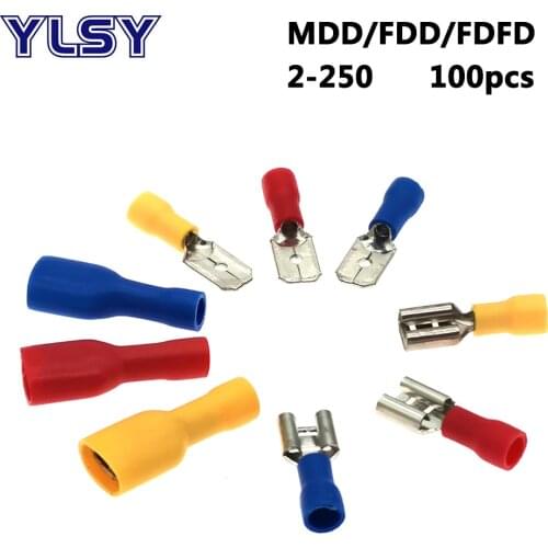 6.3mm Insulated Crimp Terminals Male Female MDD FDD FDFD 2-250 Electrical Wire Cable Connector Ferrules 1.5-2.5mm2 100Pcs