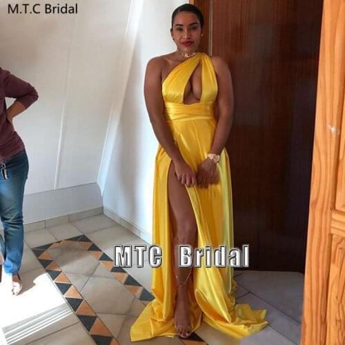 Long Gold Sexy African Bridesmaid Dresses One Shoulder High Slit Shiny Satin Maid Of Honor Dress Plus Size Wedding Party Gowns