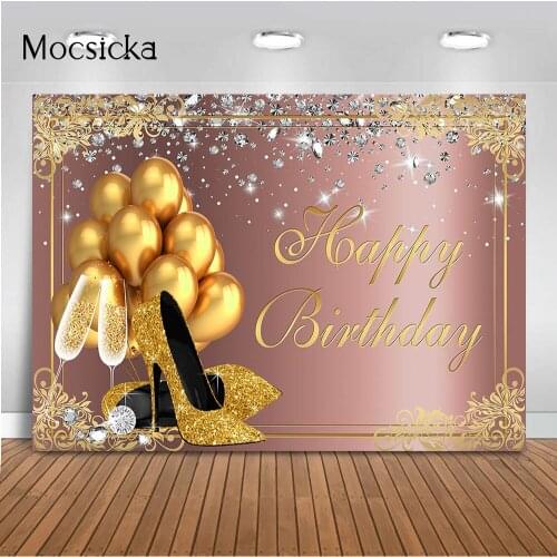 Rose Gold Birthday Backdrop for Women Girls Gold Balloon High Heels Champagne Diamond Bday Party Photoshoot Happy Birthday Party