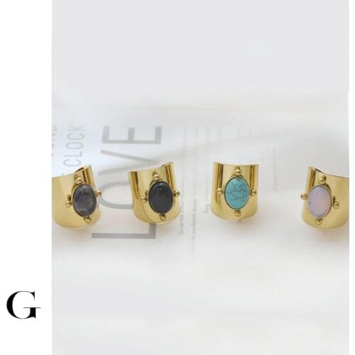 GHIDBK Exaggeration Gold Color Stone Stainless Steel Rings For Women Vintage Width Geometric Ring Irregular Chunky Jewelry