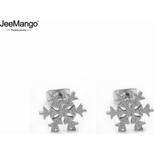 JeeMango Fashion Frosted Snowflakes Stud Earrings Jewelry Titanium Stainless Steel Earrings For Women Christmas Gift JE17010