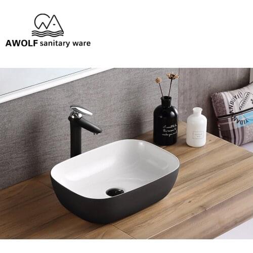 Ceramic Bathroom Sinks 460*330*135mm Above Counter Simplicity Washing Basin Vessel With Pop Up Drain Soft Hose Matte Black AM814