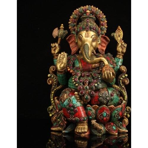 Tibet Temple Collection Old Bronze outline in gold mosaic Gem outline in gold Elephant Trunk God of Wealth Sitting lotus Buddha