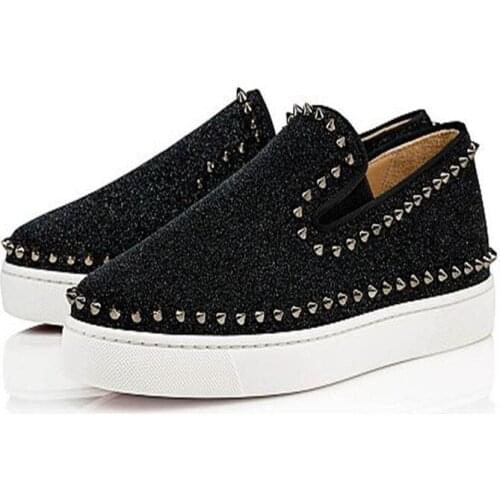 SHOOEGLE Hot Sale New Arrival High Quality Black Handmade Sequined Cloth Men Shoes Rivets Flat Outdoor Footwear Casual Shoes