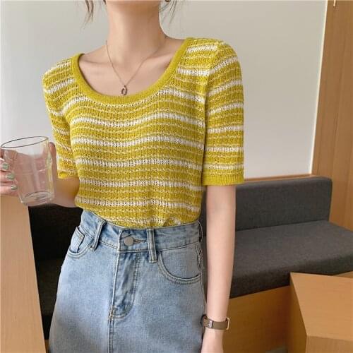 2021 Summer New Style Womens Ice Silk Knitted Sweater Striped Casual Bottoming Yellow Short sle Womens Womens T-Shirt Sleeves