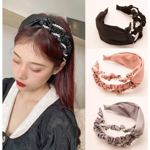 Korean New Pearl Cross Headband Ladies Fabric Fold Women Hairband Fashion Simple Hair Accessories