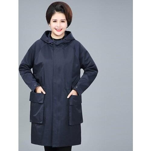 2020 Plus Size 4XL Spring Autumn Womens Trench Coat Cotton Outerwear Casual Top Middle aged Mom Hooded Windbreaker Overcoat 430