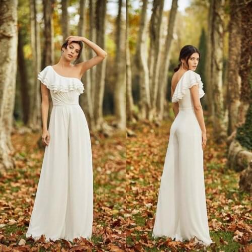 Beach Jumpsuits Wedding Dresses One Shoulder Bridal Gowns Ruffles Long Floor Length Custom Made robes de mariée