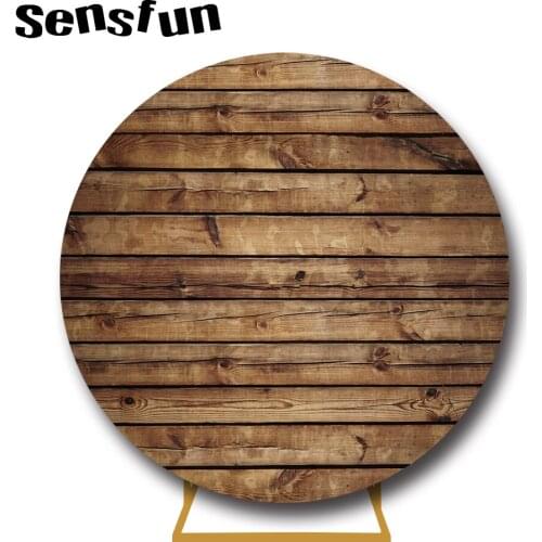 Sensfun Retro Wood Round Backdrop Cover Baby Shower Birthday Party Table Cover Decoration Wooden Floor Circle Background Custom